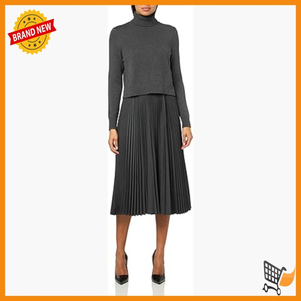 Knee-Length Pullover Dress With Turtleneck And Pleated Skirt